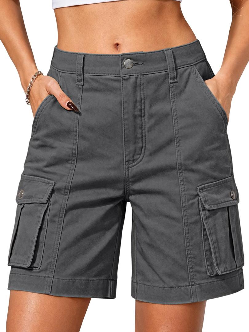 ELLEVEN Cargo Shorts Women High Waisted Bermuda Knee Length Cotton Long Y2K 7 Inch Inseam Summer Hiking Shorts with Pockets Grey X-Large