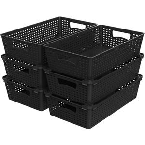 Simple Houseware Stackable Plastic Woven Basket Organizer, 6 Pack, 14.5" x 8.5" x 3.5", Black