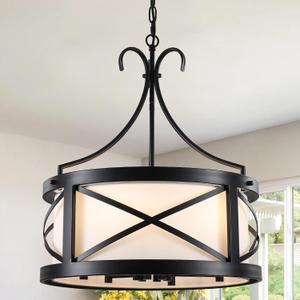 Modern Drum Chandelier for Dining Room, 6-Light Black Farmhouse Chandeliers | With White Linen Fabric Shade, 19.7" Round Pendant Light Fixture Adjustable Hanging Lights for Living Room Kitchen Entryway