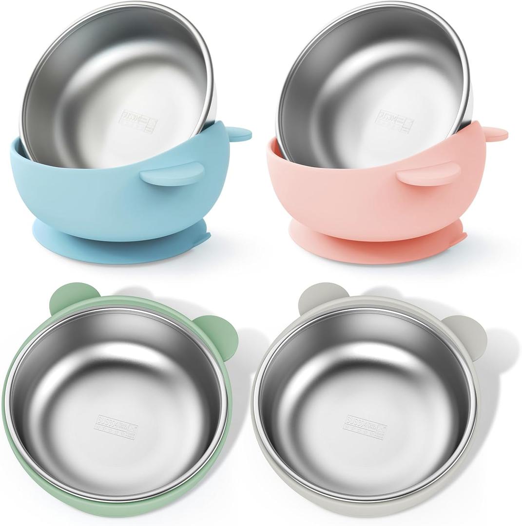 Bakpoco Stainless Steel Baby Bowls with Suction, 2-in-1 SUS304 Toddlers Bowl & Removable Silicone Suction Kids Bowl, Non Toxic Snack Container for Baby Food Feeding, Soft Blue/Sage/Pink/Gray Set of 4
