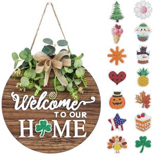Interchangeable Seasonal Welcome Sign Front Door Decoration, Rustic Round Wood Wreaths Wall Hanging Outdoor, Farmhouse, Porch, for Spring Summer Fall All Seasons Holiday Halloween Christmas, 12 Inch