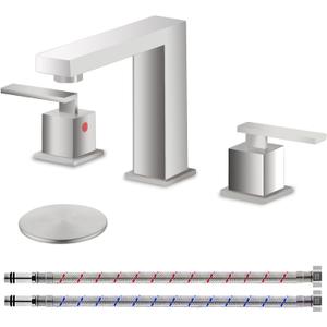 KINGO HOME 3 Hole Brushed Nickel Bathroom Faucet, 8 Inch 2 Handle Modern Widespread Bathroom Sink Faucet, Vanity Basin Sink Faucet with Supply Hoses and Pop-Up Drain Stopper KH-AH129L-v1