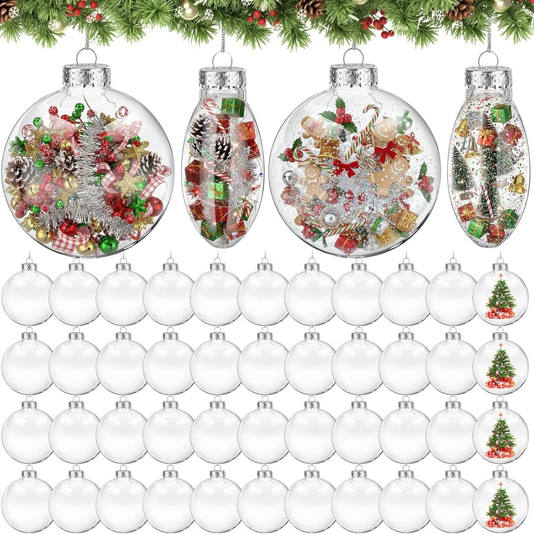 Wettarn 50 Pcs 4" Clear Plastic Flat Fillable Ornaments for Crafts Plastic Discs Christmas Hanging Ornaments Ball with Lid Rope for DIY Crafts Xmas Tree Home Decor Holiday Wedding Party
