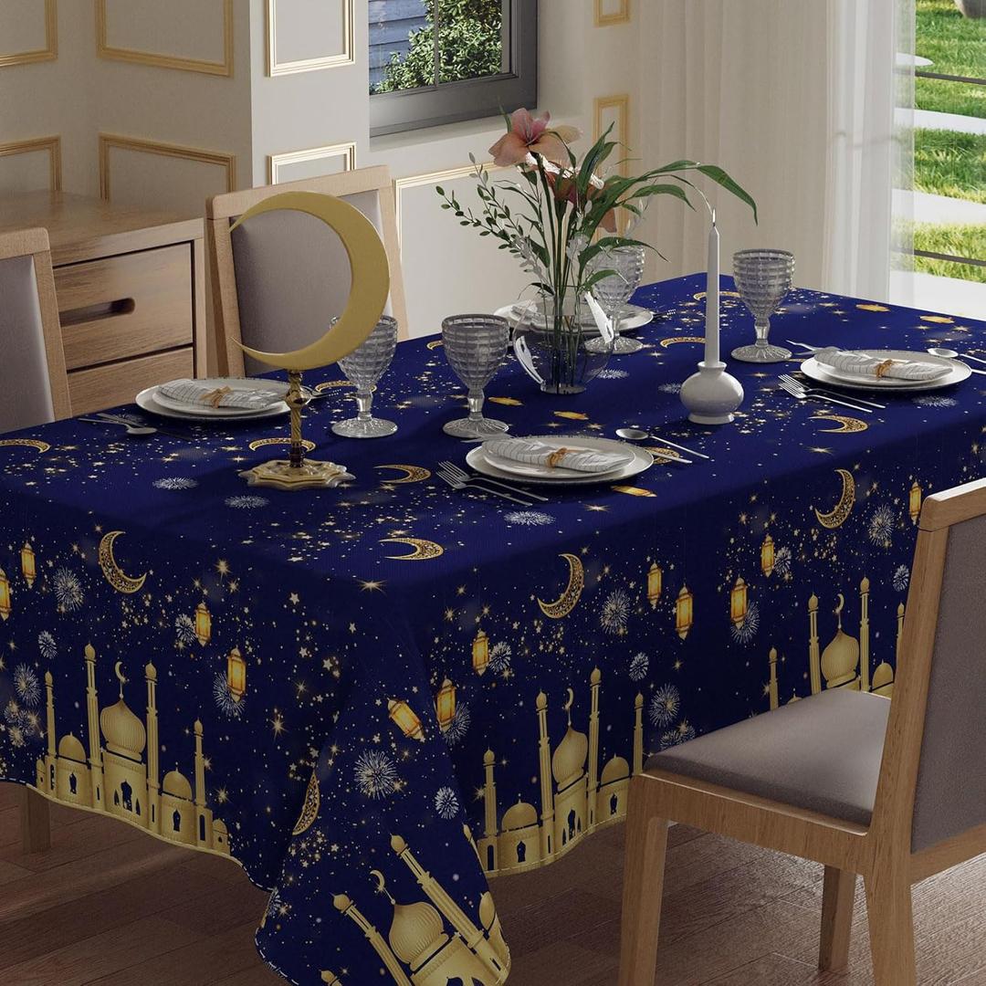 XCHI Golden Castle Moons Stars Lantern Fireworks Ramadan Kareem Tablecloth Rectangle Table Cloth Table Covers for Indoor Dining Home Party Decorations 60x120 Inch