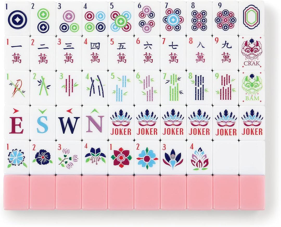 American Mahjong Tile Set,166 Tiles White Pink Acrylic Carving Tiles,Mahjong Game Set with Portable Travel case(Racks Not Included)