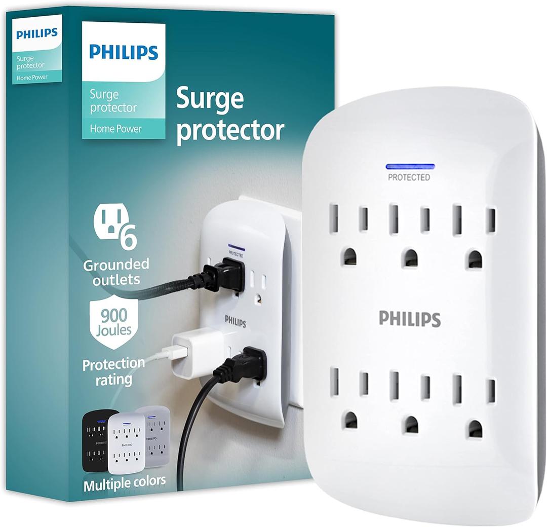 Philips 6Outlet Extender Surge Protector, Wall Tap, 900 Joules, 3Prong, Space Saving Design, Protection Indicator LED Light, ETL Listed, White, SPP3461WA/37