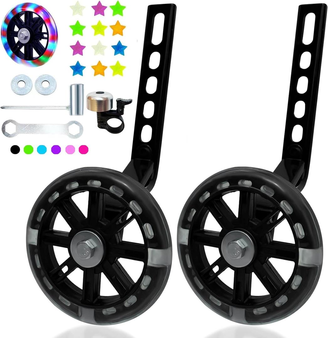DDJKCZ Training Wheels Flash Mute Wheel Bicycle Compatible for Bikes of 12 14 16 18 20 Inch (Light Black)