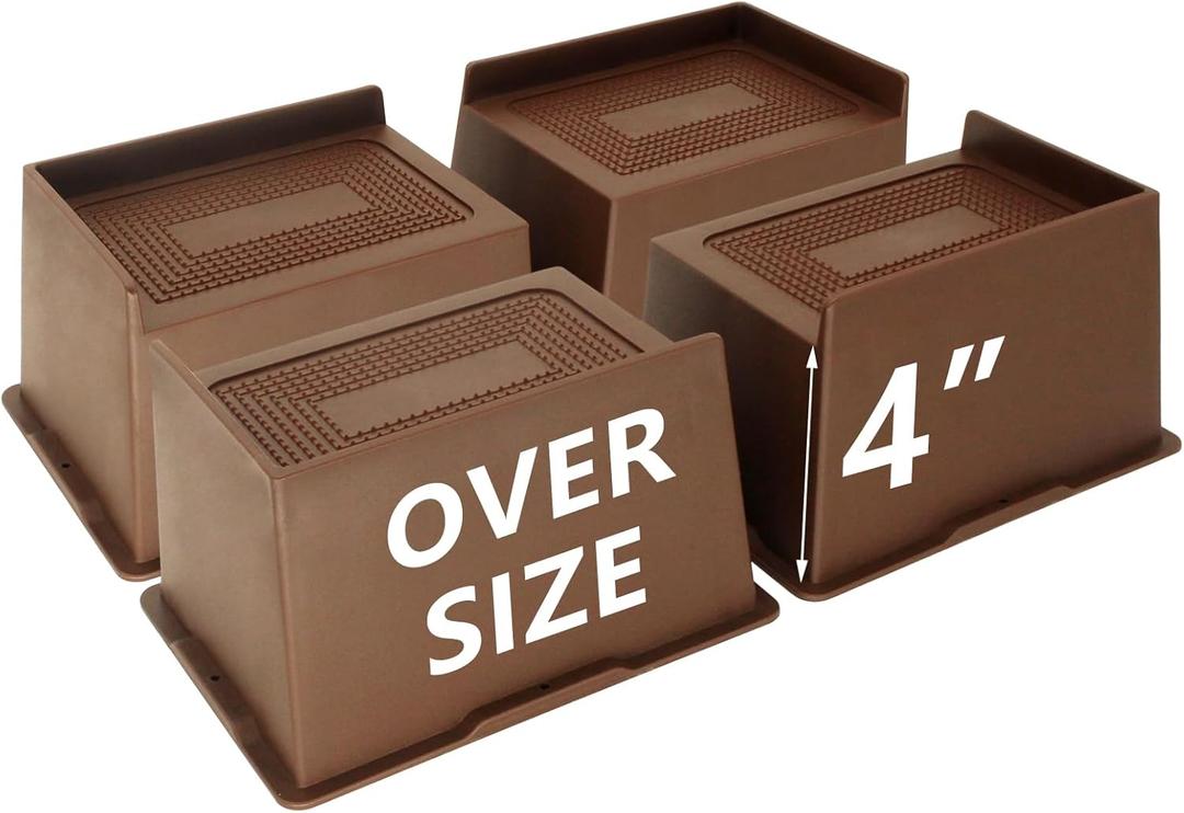 Bed Risers 4 inch Heavy Duty Dark Brown, 4 Pack Oversized Furniture Risers, Extra Wide Bed Lifts Risers for Table, Sofa, Dorm Twin XL, Couch, Desk, Bed Frame Risers Supports Up to 6,500 Lbs