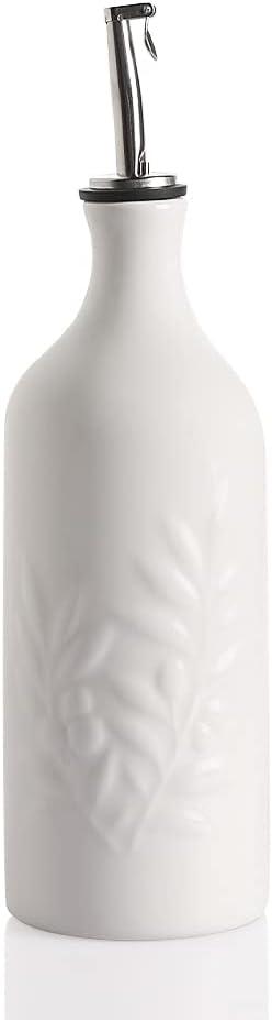 Sweejar Ceramic Olive Oil Dispenser Bottle, 20 Oz Relief Opaque Oil Cruet Protects Oil To Reduce Oxidation, Suitable for Storage Oil, Vinegar, Soy Sauce, Coffee Syrup, Liquids, Set of 1 (White)