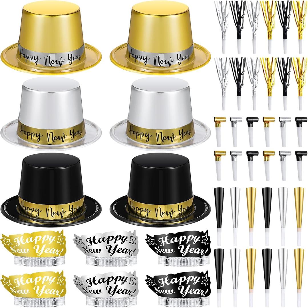 Shappy 48 Pcs New Year's Eve Party Supplies for 12 Guests 2026 Party Supplies Top Hat Headbands Tiara Fringed Noise Makers(Black Gold Silver)