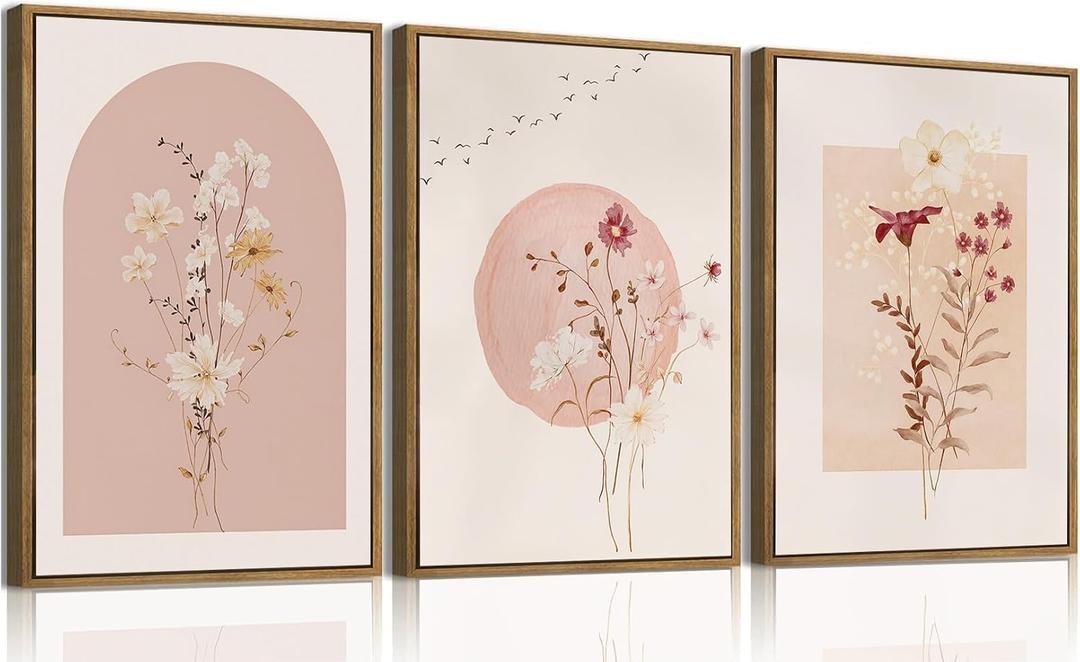 KISSFOX 3 Piece Framed Wall Art Botanical Wall Decor Pink Flower Pictures Wildflowers Canvas Art Watercolor Floral Paintings Minimalist Boho Artwork for Living Room Bedroom Office, 16x24 In Natural Framed
