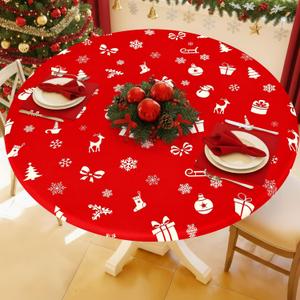 Round Spandex Christmas Tablecloth, Elastic Fitted Waterproof Tablecloths for 45"-56" Tables, Stretch Washable Picnic Table Cover for Christmas Dinner, Box Snowflake