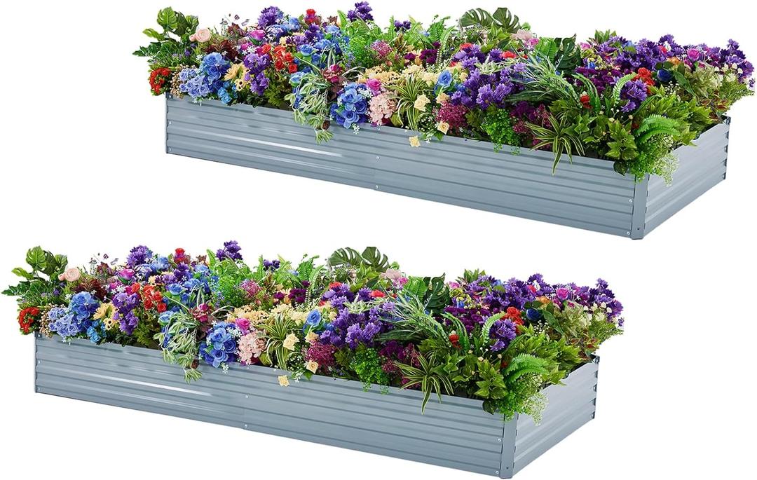 Meberam 2 Pack 6x3x1FT Galvanized Raised Garden Bed Kit, Outdoor Metal Planter Box for Vegetables, Bottomless Rectangular Gardening Bed with Support Rods, Tool-Free Assembly, Gray