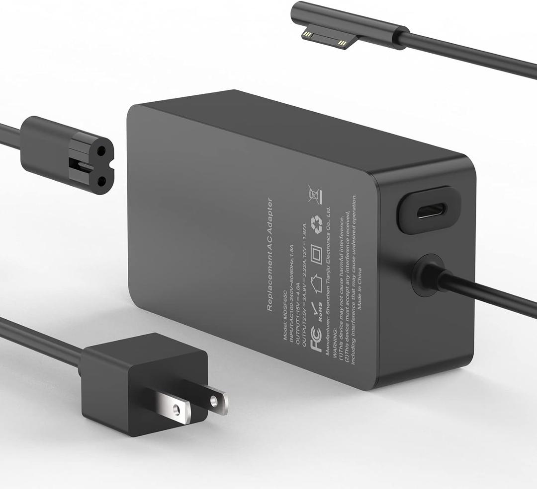 65W Laptop Charger Compatible with Microsoft Surface Pro 11, 10, 9, 8, 7+, 7, 6, 5, X, Laptop 7/6/5/4/3/2/1/Studio, Book 3/2/1, Go 4/3/2/1, 10FT (Black)