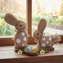 Leinuosen 2 Pcs Rustic Easter Bunny Decoration Easter Bunny Table Wooden Sign Farmhouse Spring Rabbit Centerpieces for Table Rustic Linen Polka Dot Rabbit Decor for Home Dining Room Office Tiered Tray