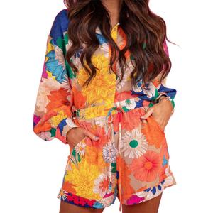 Molilove Women's Summer 2 Piece Outfits Print Button Down Shirt Shorts Pockets Long Sleeve Beach Vacation Going Out Outfits XL