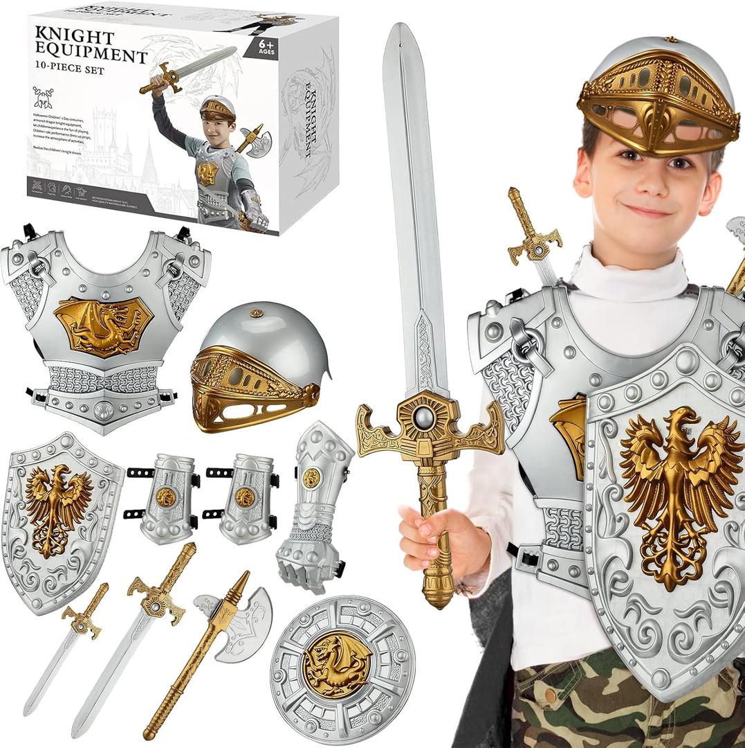 Eurzom 10 Pcs Knight Armor Set for Kids Medieval Knight Costume with Helmet Sword Shield Weapons Accessories Halloween Birthday Gifts for Kids Boys Dress up Pretend Role Play