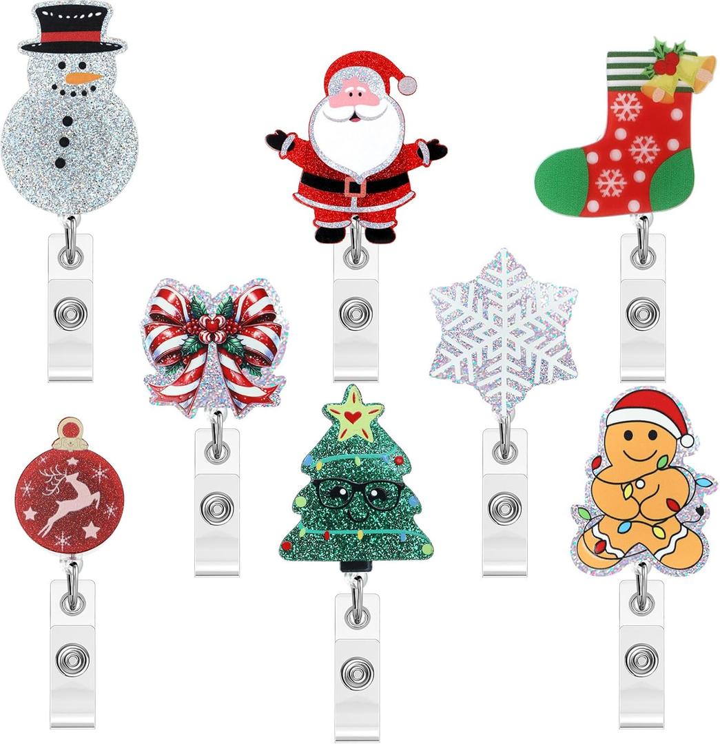 Epakh 8 Pcs Winter Badge Reels Retractable with Alligator Swivel Clip Cute Acrylic Winter Holiday Badge Reel Glitter Snowman Snowflake Christmas Tree Elk Badges Holder ID Card for Nurse Doctor