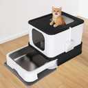 RIZZARI Stainless Steel Cat Box: Black Large Capacity Enclosed Litter Pan with High Walls - Non-Stick Teflon Coating & Leak-Proof Drawer - Odor Control - Perfect for Bathroom Balcony