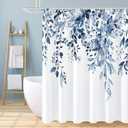 Gibelle Navy Blue Eucalyptus Shower Curtain, Watercolor Plant Leaves with Floral Bathroom Shower Curtain Set, 72x72