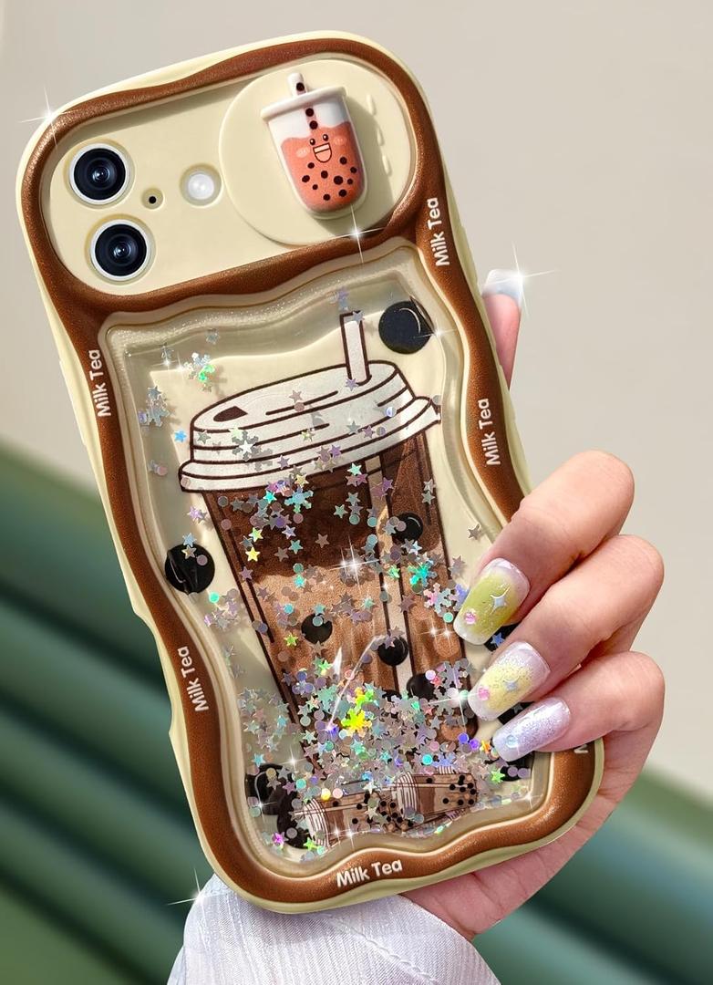 Toycamp for iPhone 16 Case 6.1 Inch - Women Girls Cute Boba Milk Tea with Sliding Camera Cover Girly Bling Glitter Sparkle Design Flowing Liquid Quicksand Cover for iPhone 16 Phone Case