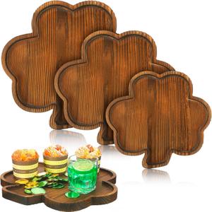 Nitial 3 Pcs St. Patrick's Day Serving Tray Plates Shamrock Shaped Wooden Plates Clover Shaped Dish Organizer Platter for Food Fruit Snack Candy Cookie St. Patrick's Day Home Party