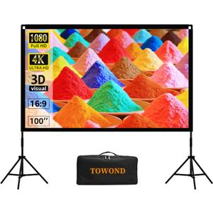 Projector Screen and Stand, Towond 100 inch Portable Movie Screen Indoor Outdoor 16:9 4K HD Front Rear Projection Screen with Carry Bag Wrinkle-Free and Foldable Design for Backyard Movie Night