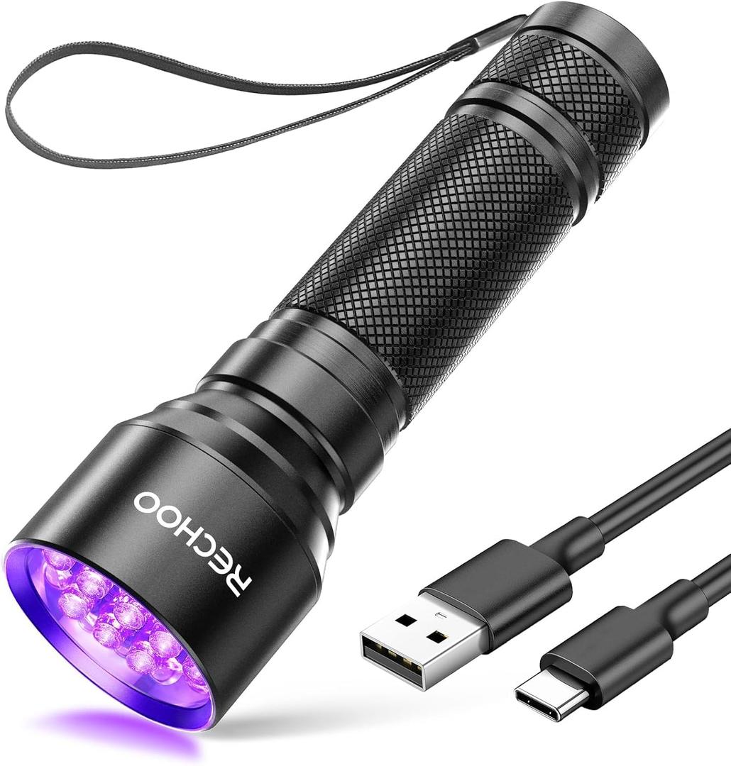 RECHOO UV Flashlight Black Light, 21 LED 395nm Ultraviolet Rechargeable Flashlights UV Light, Waterproof Portable BlackLight Flashlights for Pet Urine Detection, Dry Stains, Bed Bug, Fluorescent Agent