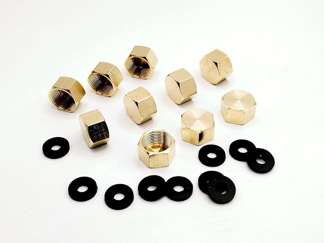(Pack of 10) Brass 3/8'' Compression valve Cap Fitting for Sink Shut off Angle Stop Water Line Valve with Sealing Rubber Gasket Washer