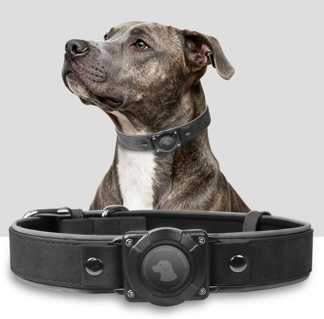 Premium Leather AirTag Dog Collar, 100% Waterproof & Reflective Dog Collar with AirTag Holder  Compatible with Apple Air Tag | Durable, Comfortable Padded GPS Dog CollarsBlack-M (M(12.5"-17.3"))