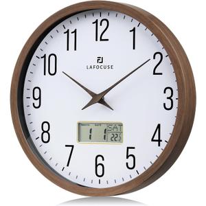 Lafocuse 12 Inch Silent Brown Wall Clock with Time Day Date Temperature, Battery Operated Wall Clock Analog and Digital with Calendar for Kitchen Living Room Home Dcor
