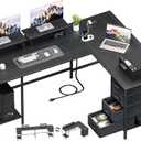 59 inch L Shaped Computer Desk with Power Outlets, Home Office Desk with 4 Adjustable Storage Drawers & 2 Monitor Stands, Two Person Gaming Table for Bedroom, Black