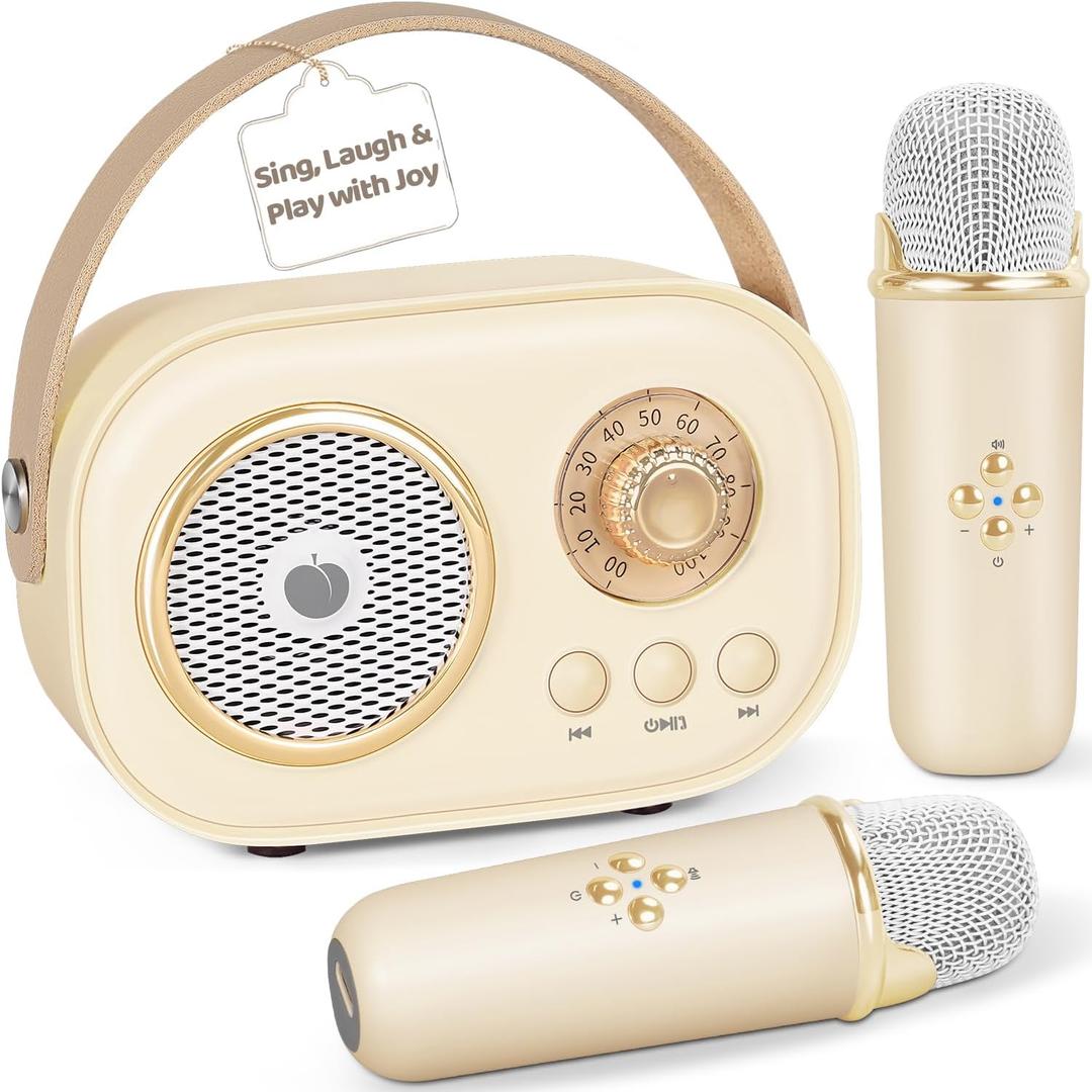 PRUNUS C20 Mini Karaoke Machine,Valentines Day Gifts for Her Him Kids Mens,Portable Bluetooth Speaker with 2 Wireless Microphone for Boys Girls 3-12+ Years Old Birthday Party Beige