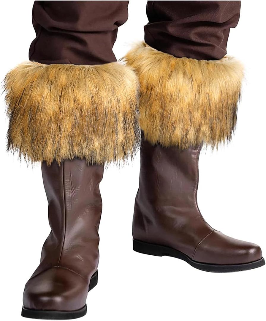 Joukavor Viking Fur Boot Cuffs Medieval Faux Fur Boot Toppers for Women Men Halloween (Brown)