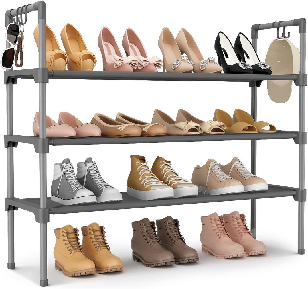 LANTEFUL 3 Tier Shoe Rack for Closet, Shoe Organizer with 5 Hooks, Long Shoe Shelf Storage for Shoe and Boot Stackable Free Standing Shoe Rack for Entryway, Garage, Small Spaces, Dorm, Grey, 27.8"W - 3 Tier