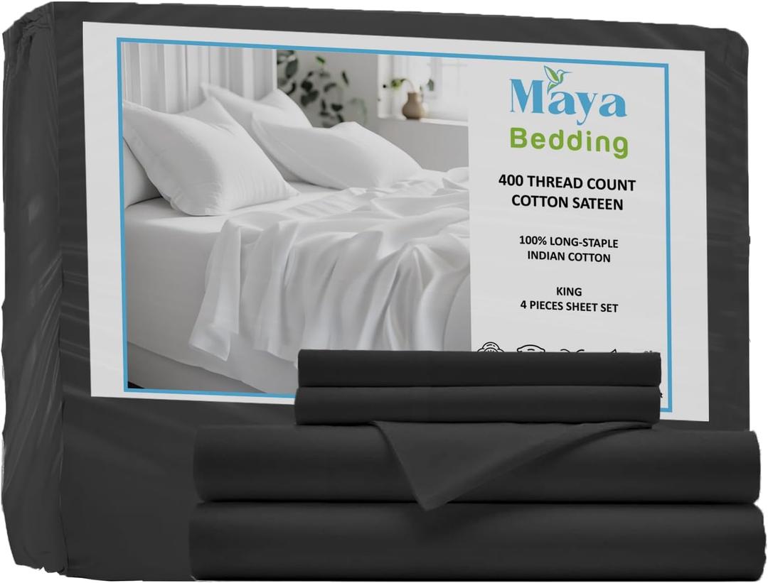 King 100% Cotton Bedsheet Set (4Pcs)-Charcoal Grey- 400 Thread Count Sateen Weave, Snug Bottom Deep Pocket Fitted Sheet, Fade Resistant & Envelope Closure Pillowcases