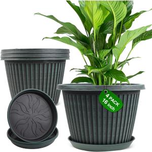 Large-Planter-Indoor-Outdoor Plant Pots, 16 inch 4 Pack Plastic Flower Pots with Saucer And Drainage Holes, Modern Garden Planters For Planting Medium Large Plants, Decorative Resin Garden Pots (Blue Green)