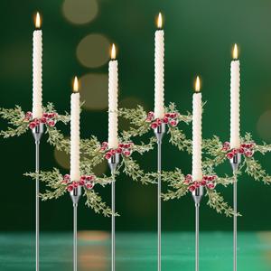 6 Pcs Christmas Taper Candle Rings 1 Inch Christmas Candle Ring for Taper Artificial Wreaths with Red Berry Snowy Pine Candles Ring Holder for Tapers Candles Festival Home Table Decor