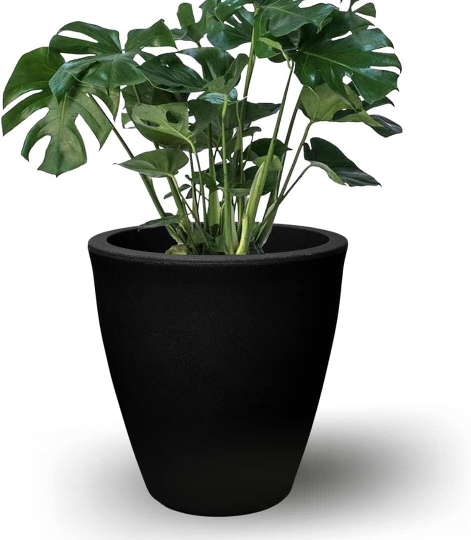 Elly Dcor 12 inch Planter for Garden with Drainage, Large Round, Lightweight & Extremely Durable, Deck Indoor/Outdoor Plastic Pot, 12"x12"x7", Black