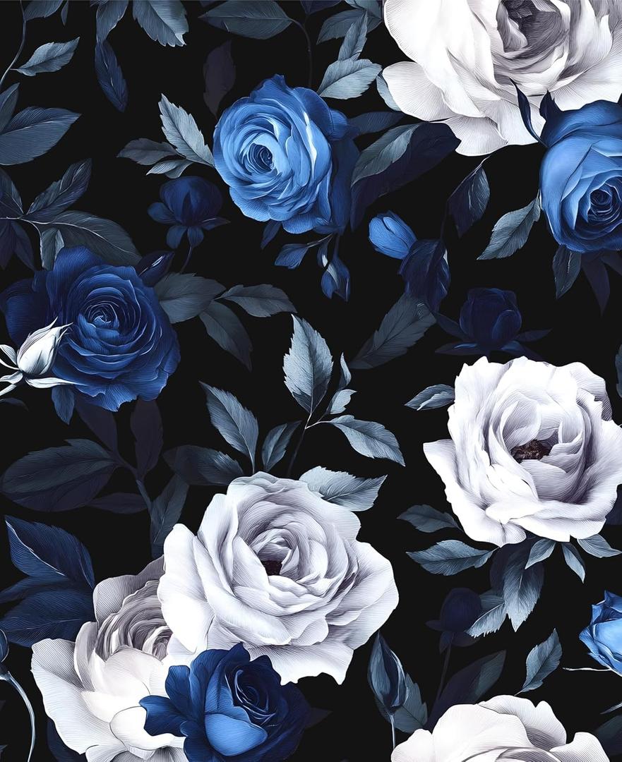 Black Foral Wallpaper Peel and Stick Dark Blue White Rose Contact Paper, Self-Adhesive Removable Vintage Flower Wall Paper for Bedroom Countertop Desk Cabinets Decor 17.4" x 118" Renter Friendly