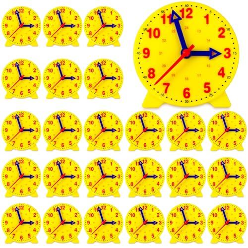 Batiyeer 24 Pcs Teaching Clock Kit for Kids to Tell Time Teaching Mini Geared Clock for Kids Basic Math Development Teacher and Classroom Supplies, 4 Inch(Yellow)