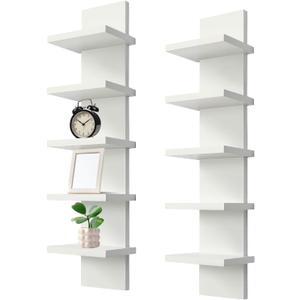 2 Pack 5 Tier Wall Shelf Unit - Narrow Smooth Laminate Finish - Vertical Column Wall Decor Mount Floating Storage Home Decor Organizer Tall Tower Utility Shelf for Bedrooms, Living Rooms(White) (White-5 Tier2 Pack)