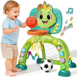 Toddler Basketball Hoop & Soccer Goal, Toys for 1 2 3 Year Old Boys Girls, Dinosaur Sports Play Toy Activity Center, Interactive Musical Sports Toys with Light, Christmas Birthday Gift for Ages 1-3