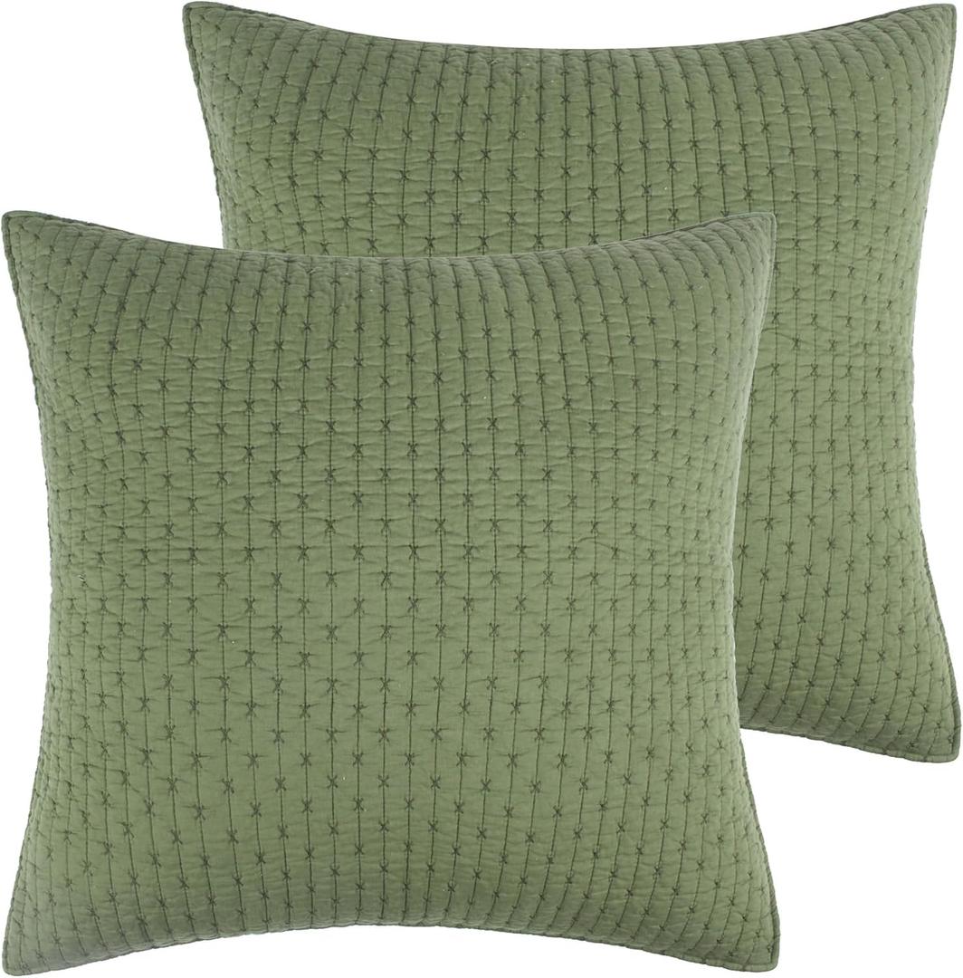 Levtex Home - Cross Stitch Forest Green - Euro Shams Set of Two - (26x26in.), No Insert - Cross Stitched Pattern - Cotton Fabric