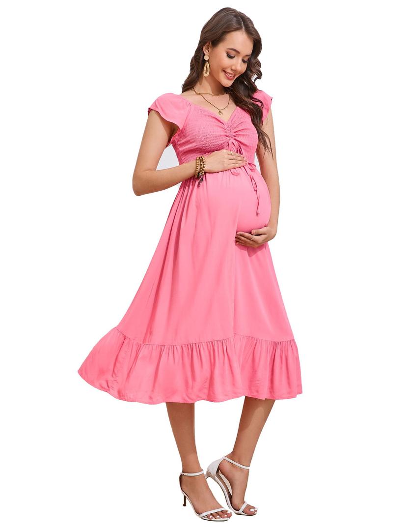 KOJOOIN Womens Maternity Short Sleeve Sweetheart Neck Summer Casual Smocked Boho Drawstring Maxi Dress Photoshoot Baby Shower Pink L (Pink, L)
