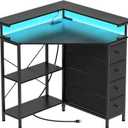 VENNQD Corner Desk with Drawers Shelves for Small Space 90 Degrees Triangle Computer Desk with Power Outlets,Gaming Desk with LED Lights Monitor Stand for Home Office Workstation Writing Table (Black)