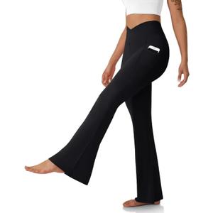 DLOODA Women's Flare Leggings with Pockets Crossover High Waisted Bootcut Yoga Pants Tummy Control Bell Bottom Leggings (Black, L)