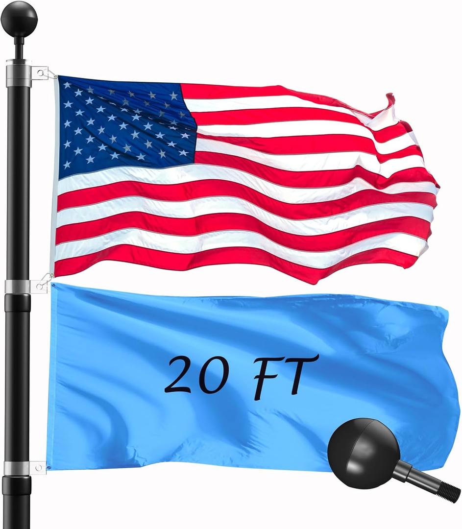 20FT Telescopic Flag Pole Kit: Extra Thick Telescoping Flag Poles, Black Heavy Duty Flag Poles for Outside House Inground with 3x5 American Flag
