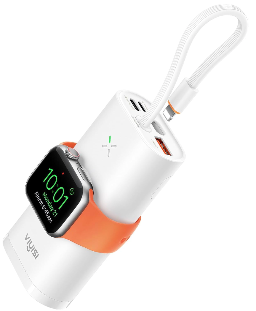 Portable Charger for iPhone & Apple Watch, 10000mAh Power Bank with Built-in Cable, 20W Fast Charging Battery Pack Compatible with iPhone 16/15/14/13/12/Pro Max, Apple Watch Series -White