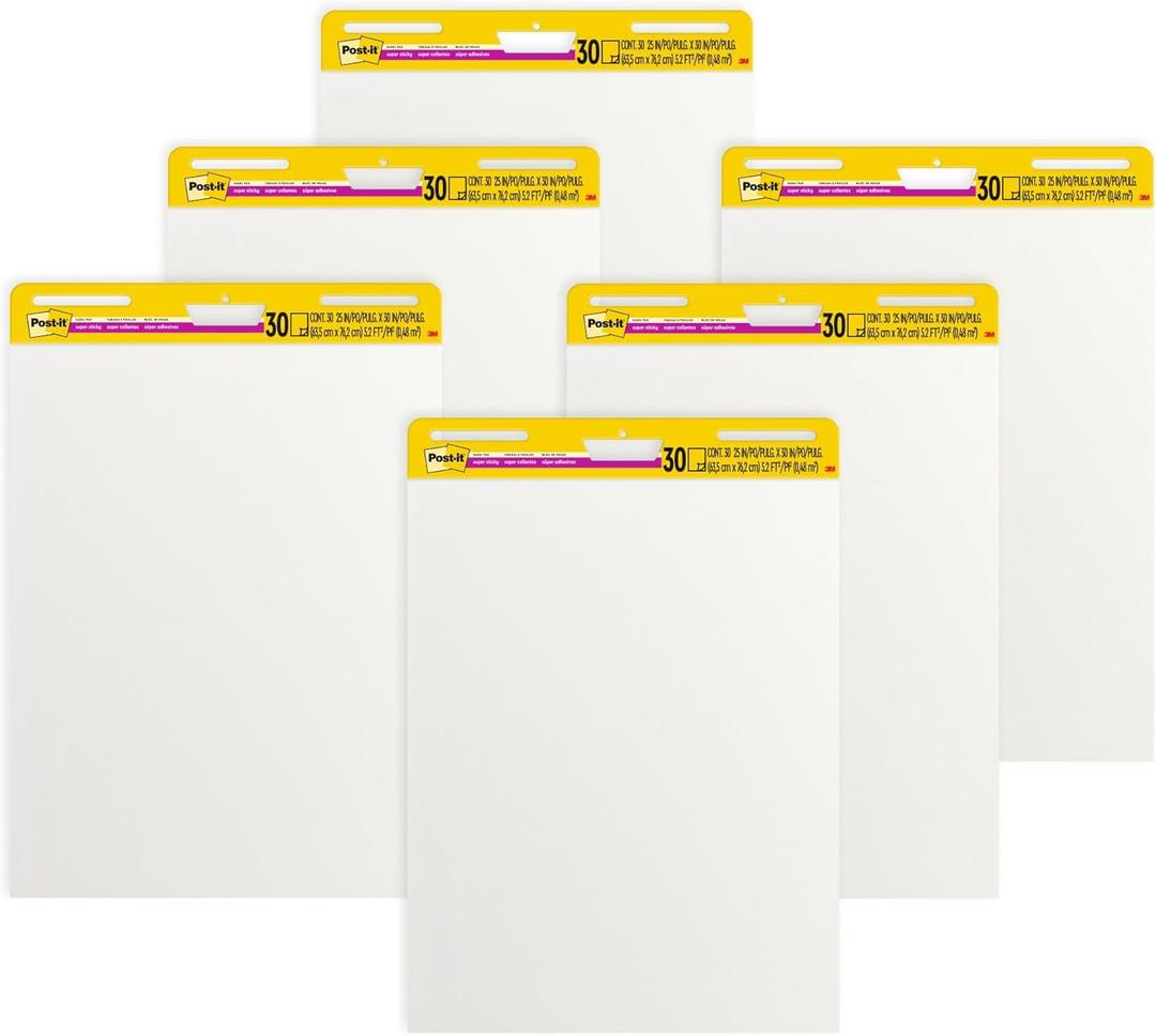 Post-it Super Sticky Easel Pad, 25 x 30 Inches, 30 Sheets Per Pad, 36 Pads, Large, White, Premium Self Stick Flip Chart Paper, Anchor Chart, Office Supplies & School Supplies, Great for Teachers and Students, 6 packs per case
